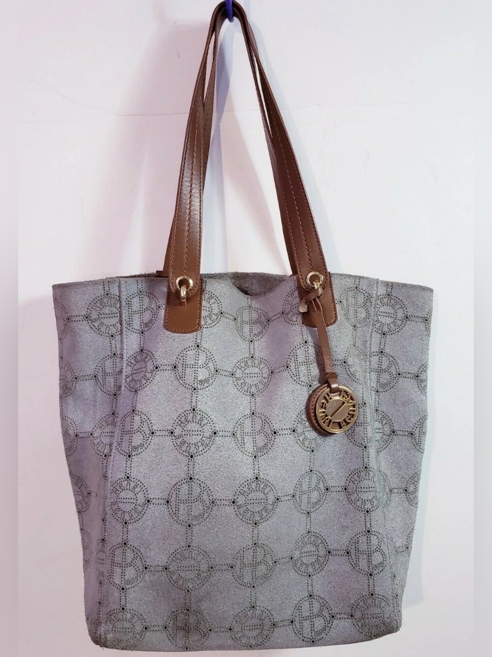 Henri Bendel Gray Suede Laser Cut Monogram Shoulder Handbag Large Shopper Bag